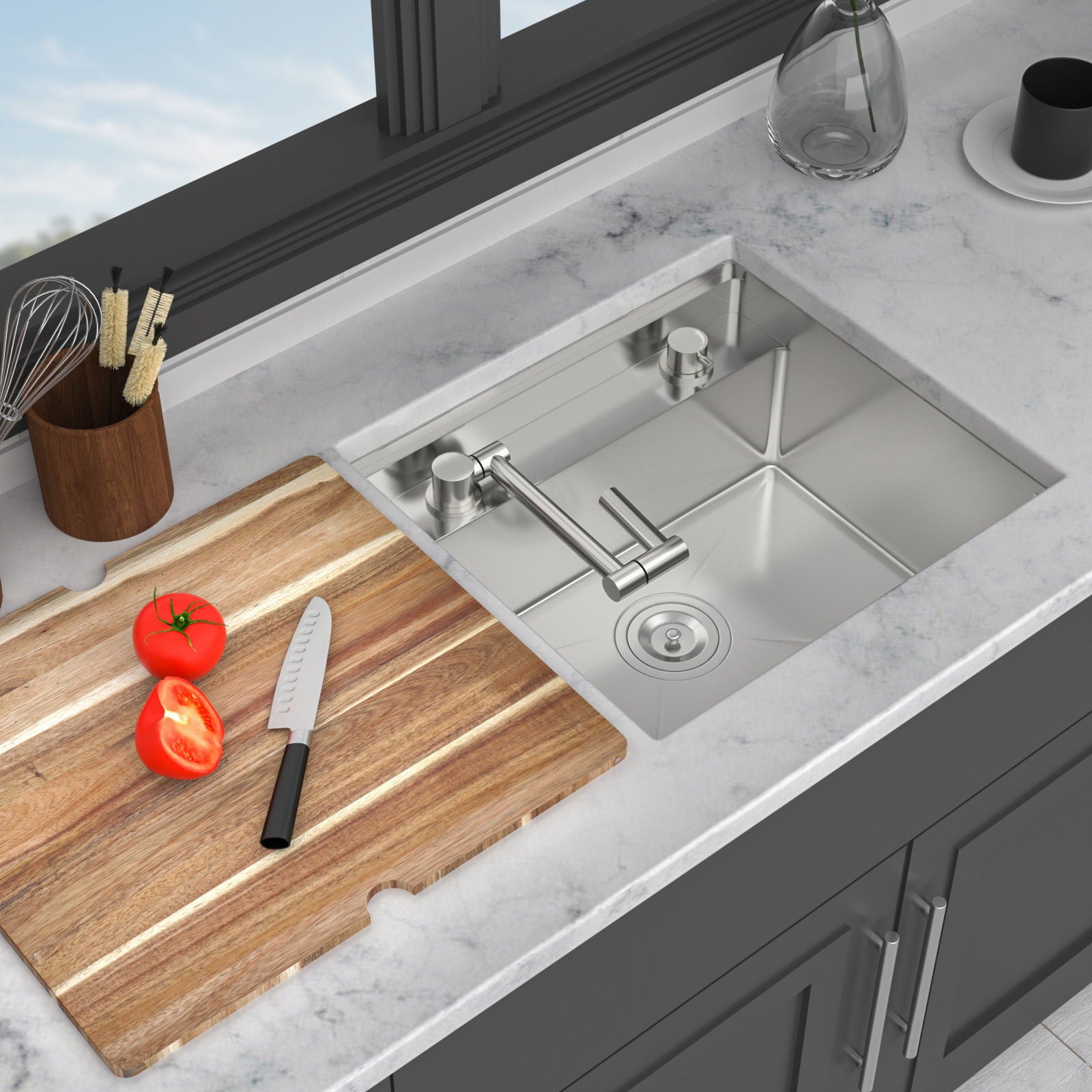 21" Undermount Kitchen Sink With Folding Faucet And Cutting Board Stainless Steel 16 Gauge Workstation - Brushed Nickel Daily Nest