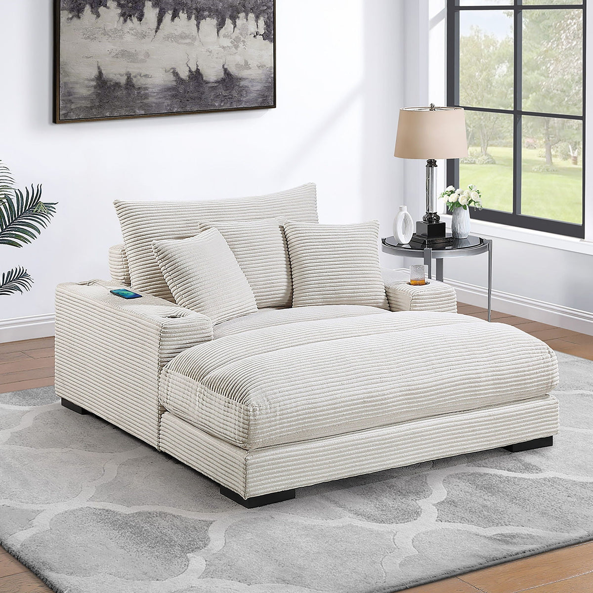 Upholstered Chaise Lounge With Cup Holders USB Port And Pillows Home Essentials