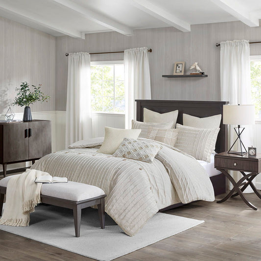 Essence - Oversized Cotton Clipped Jacquard Comforter Set With Euro Shams and Throw Pillows - Ivory Madison Park Signature