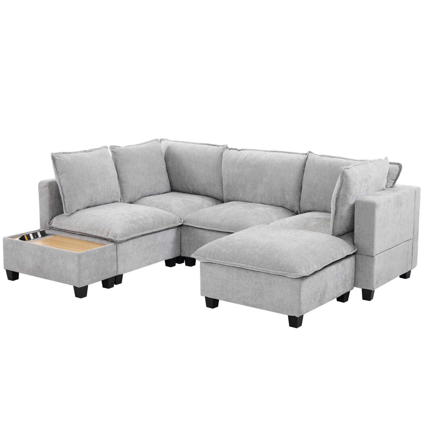 U-Shaped Sectional Modular Sofa With A Movable Ottoman, A Coffee Table With Hidden Charging Devices For Living Room Hearth and Haven