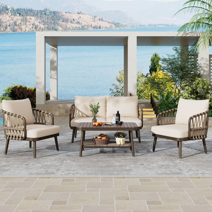 4 Piece Outdoor Patio Furniture Set, Metal Chairs With Woven Rope U Shaped Backrest Noble House