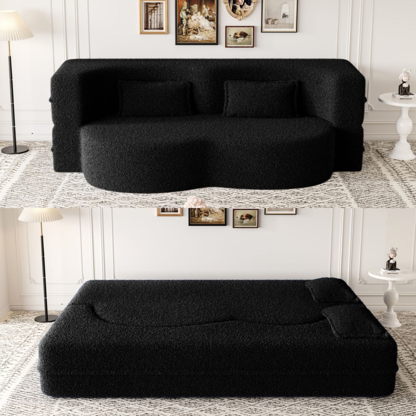 Modern Floor Sofa, With 2 Pillows, Convertible Teddy Fabric Foam Filled Bed Home Essentials
