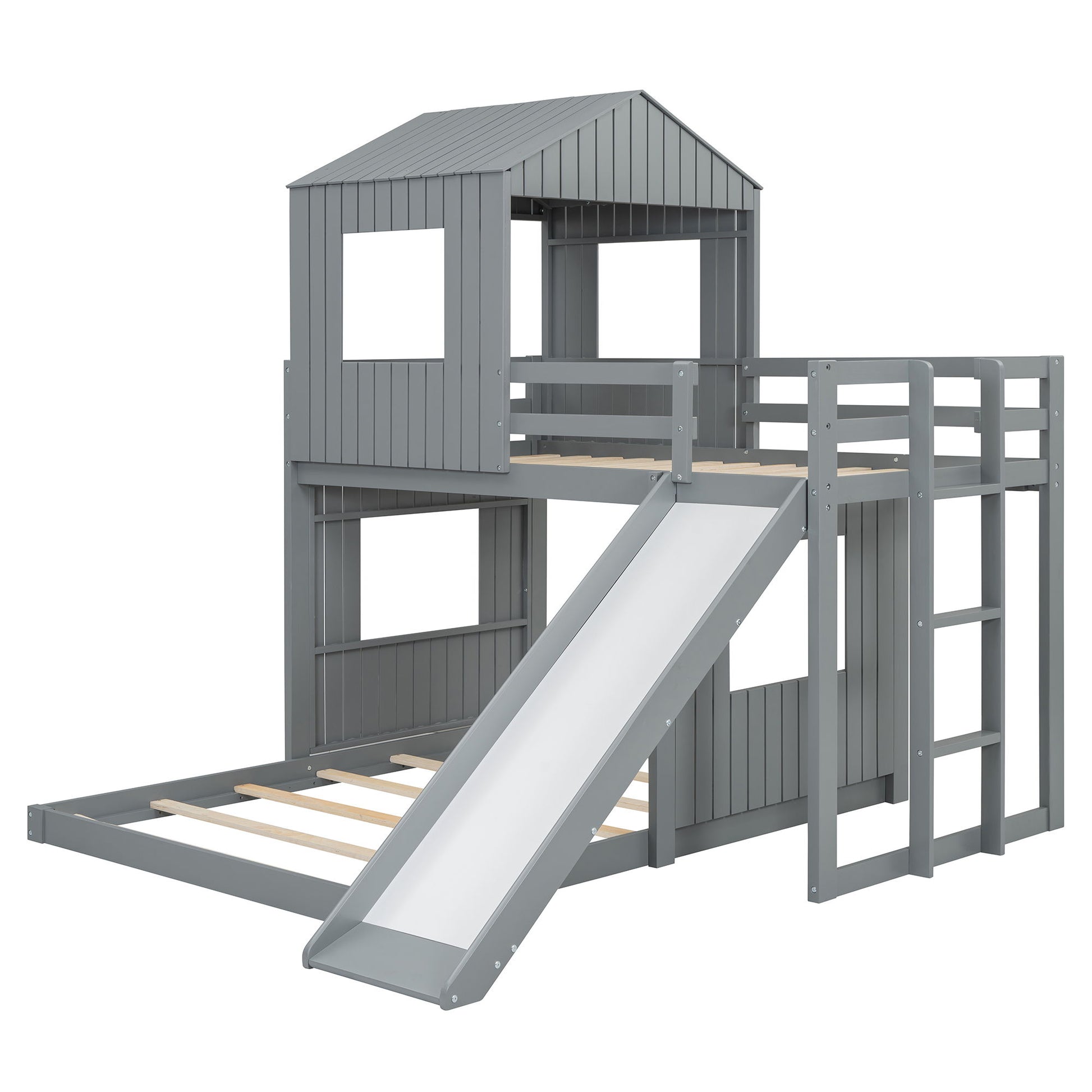Loft Bunk Bed With Playhouse, Farmhouse, Ladder, Slide And Guardrails DreamHaus