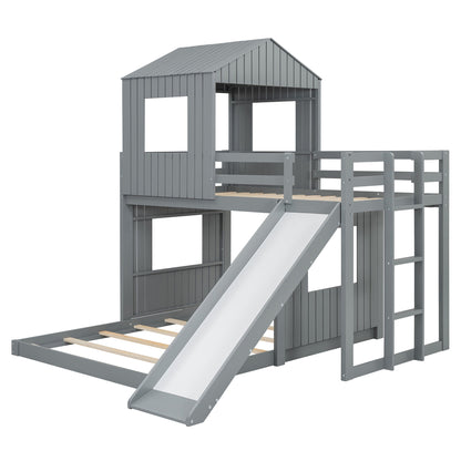 Loft Bunk Bed With Playhouse, Farmhouse, Ladder, Slide And Guardrails DreamHaus