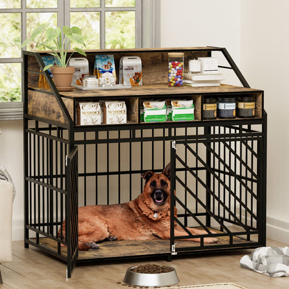 Wooden Dog Crate Furniture With Divider And Storage Drawers For Large Dogs - Rustic Brown Daily Nest