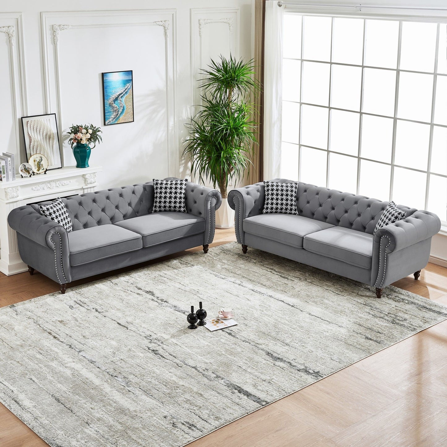 Chesterfield Upholstery Fabric Sofa With Roll Armrest & Nailhead, Mid Century Modern 3 And 3 Seater Couch Home Essentials