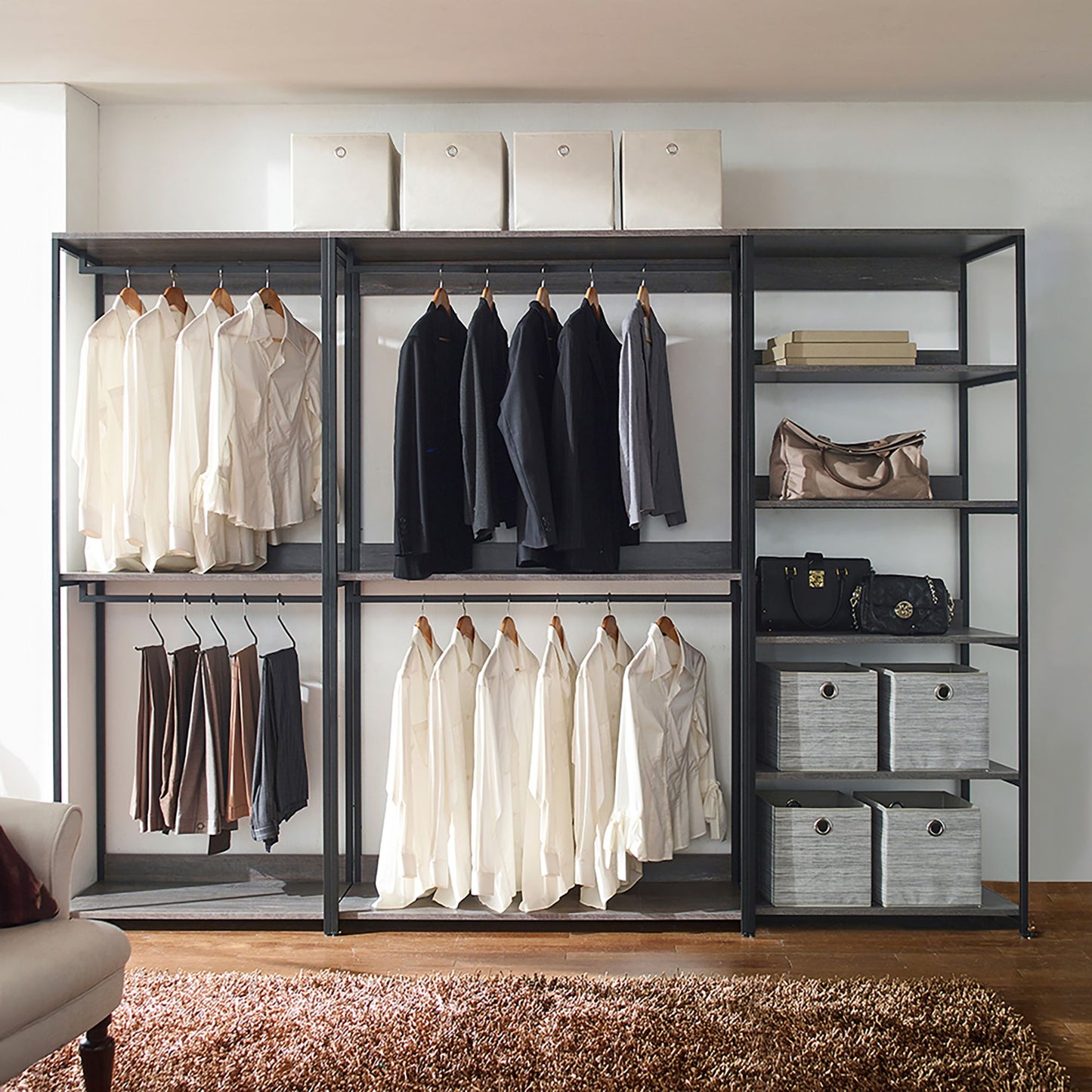 Monica - Wood Walk In Closet System With Spacious Drawer In Wood And Metal Frame - Gray Home Essentials