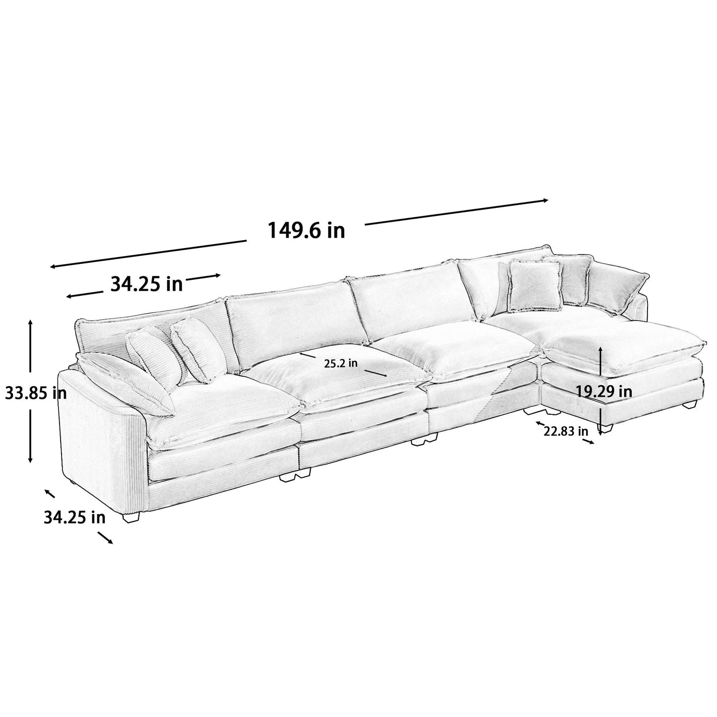 Modern Oversized Modular Cushion Sofa With Ottoman, Low Back, Deep Seating Sofa Set Home Essentials
