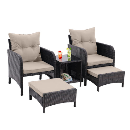 5 Piece Outdoor Patio Furniture Set, All Weather PE Rattan Conversation Chairs With Armrest And Removable Cushions, Ottomans And Storage Coffee Table For Poolside Garden Balcony