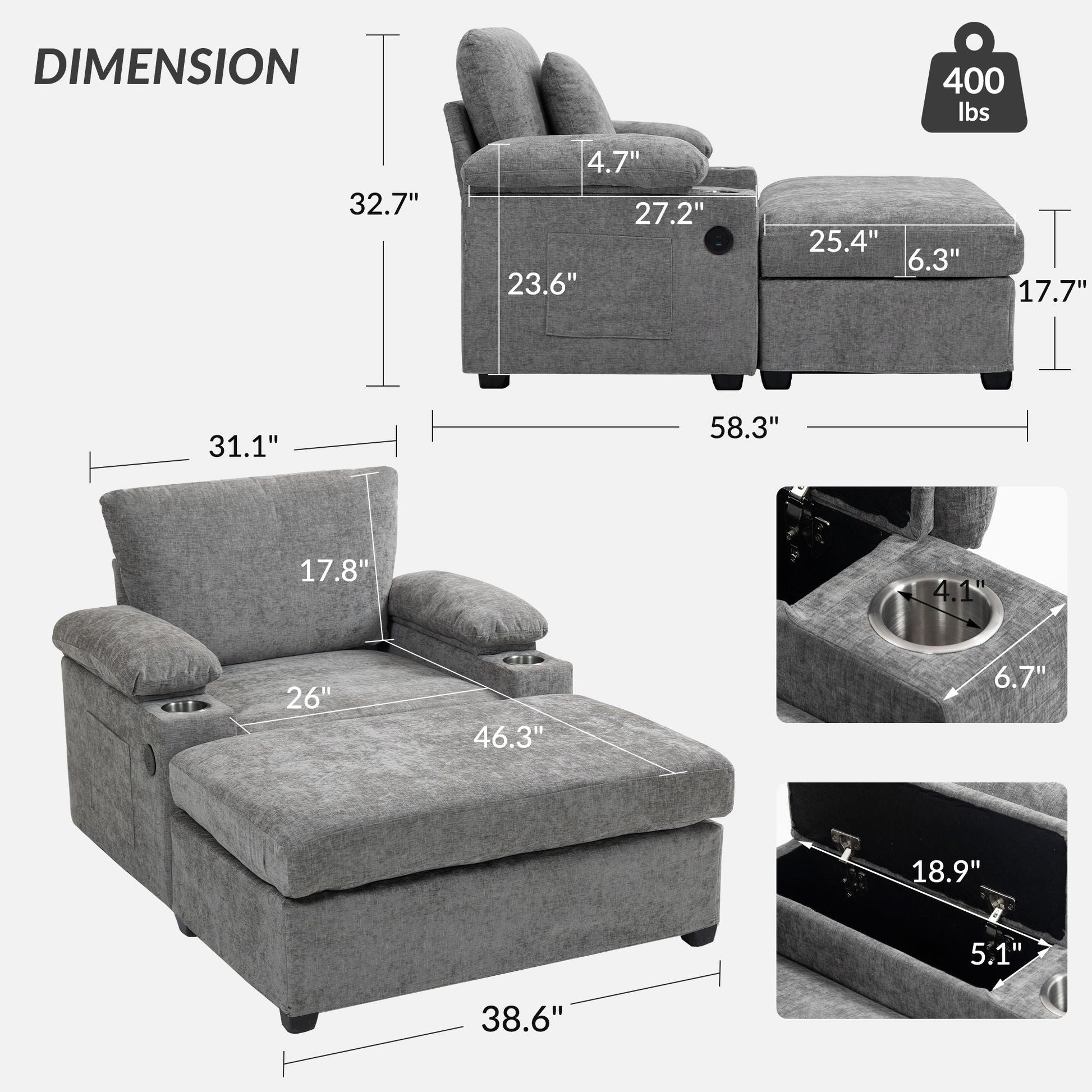 Modern Oversized Chair With Ottoman, Cupholders And USB Charging Ports Home Essentials