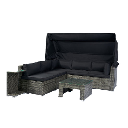 7 Piece Patio Furniture Set With Retractable Canopy Wicker Rattan Sectional Sofa Set Patio Furniture With Washable Cushions For Lawn, Garden, Backyard, Poolside Wicker And Cushion - Gray / Black Home Essentials