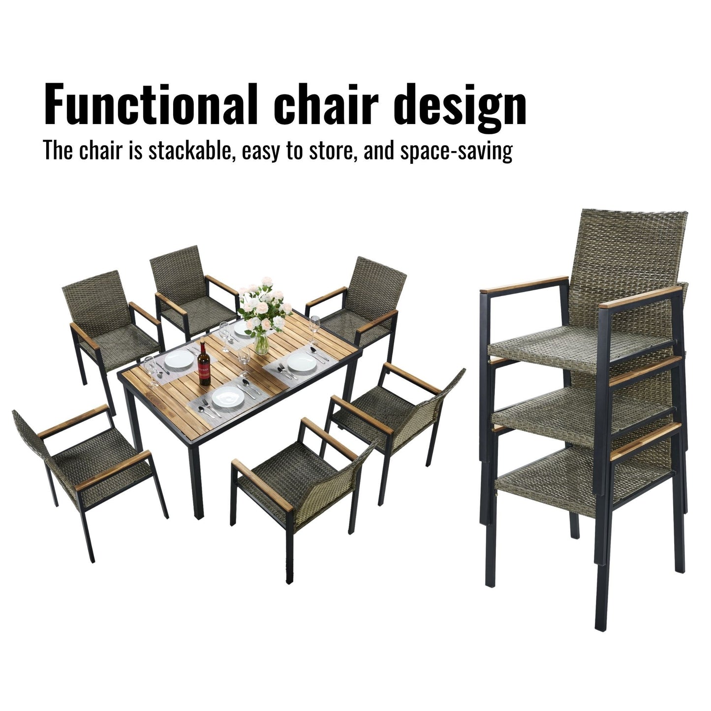 All Weather 7 Piece Patio Dining Table Set With Umbrella Hole - Brown / Gray Home Essentials