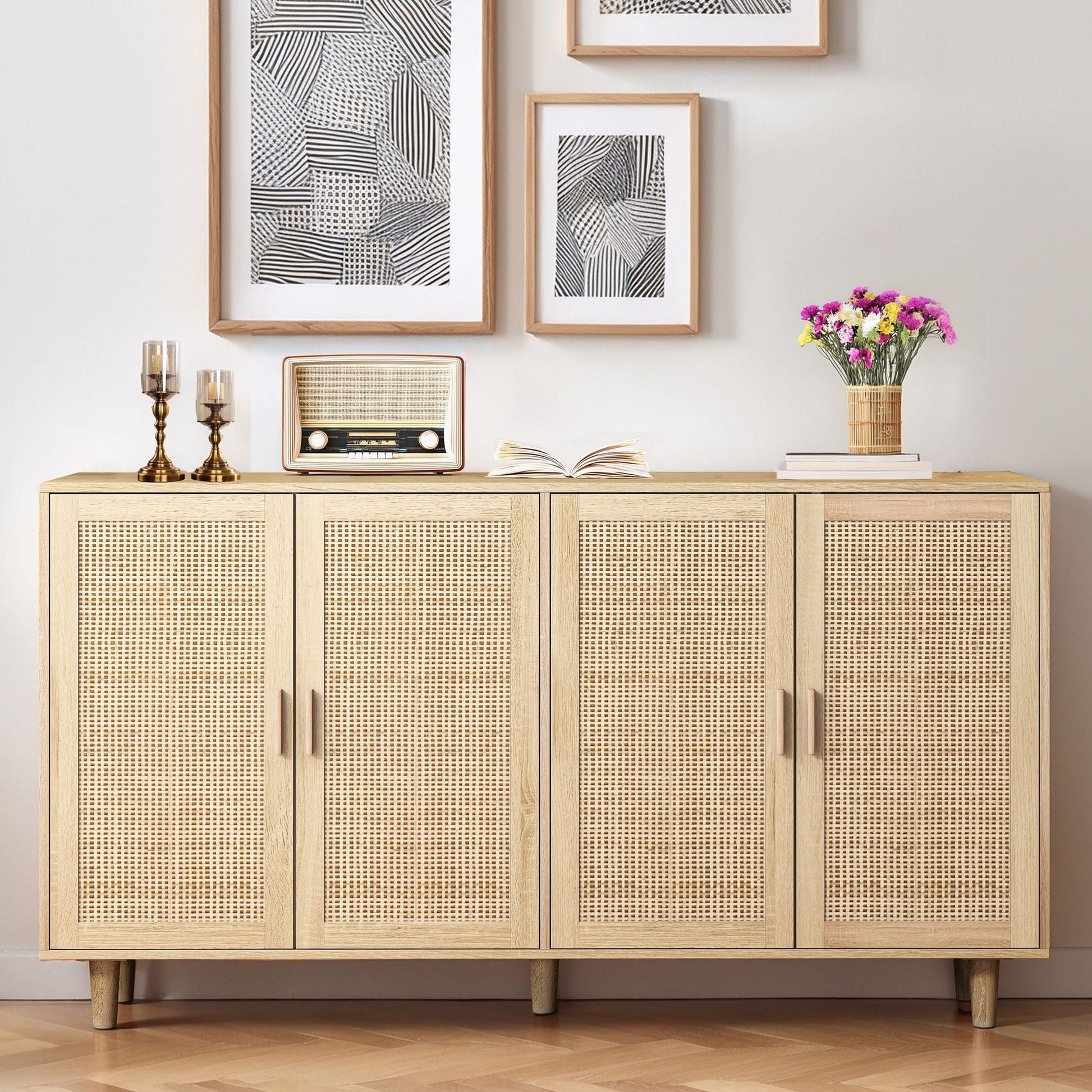 Elegant And Functional 4 Door Rattan Decorative Storage Cabinet Home Essentials