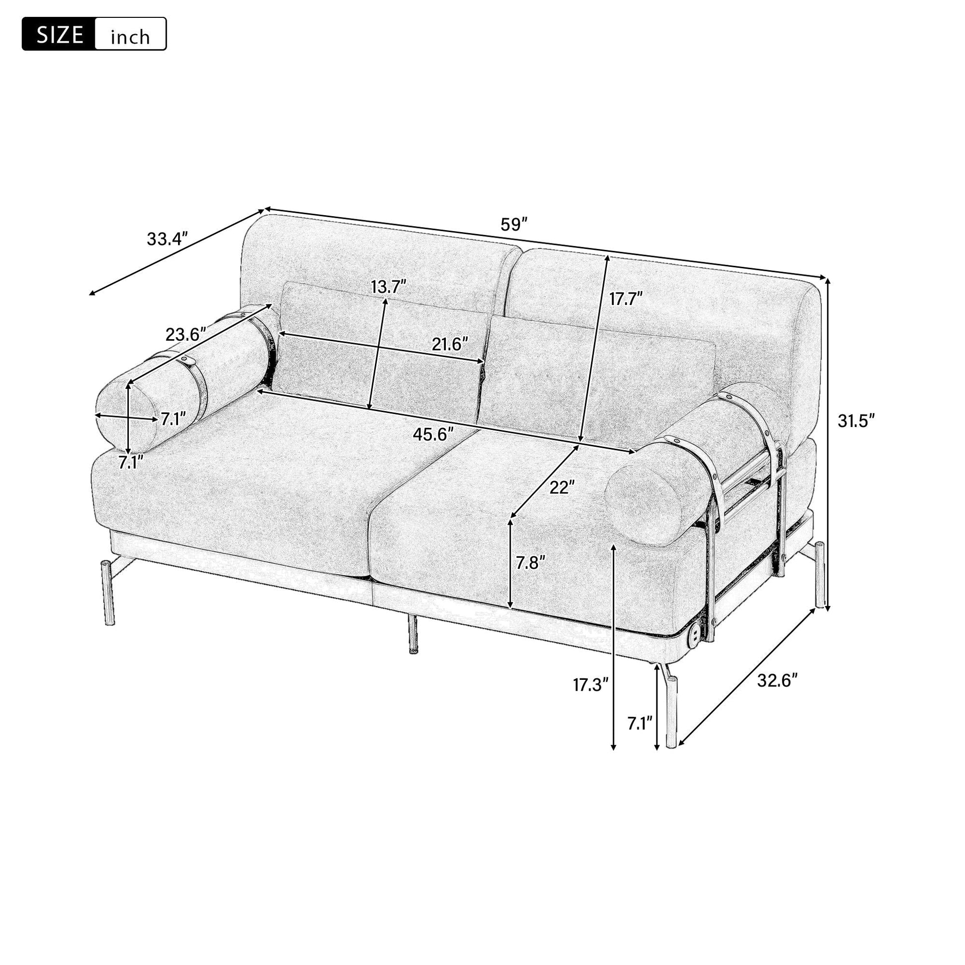 Modern Loveseat Sofa 2 Seater With USB Ports, Cylindrical Armrests Hearth and Haven