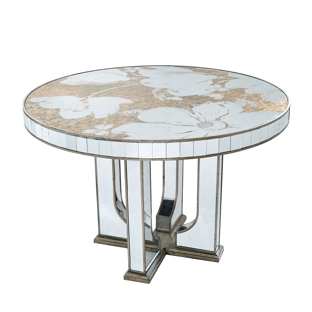 Round Dining Table With Elegant Floral Design And Mirrored - Silver Multi Home Essentials