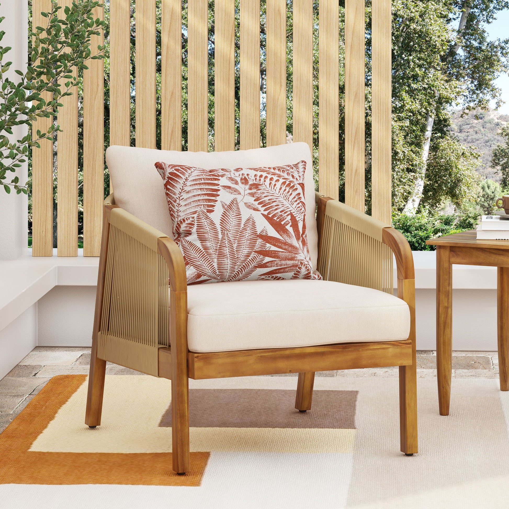 Acacia Wood And Wicker Outdoor Club Chair, Deep Seating With Soft Cushion, Porch Chairs For Garden, Backyard Porch Balcony - Brown / Beige Noble House