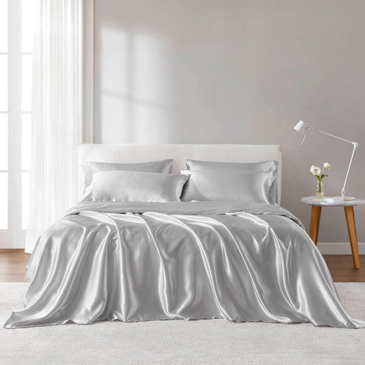 Satin - California King Wrinkle - Free Luxurious 6 Piece Sheet Set - Light Gray Madison Park Essentials