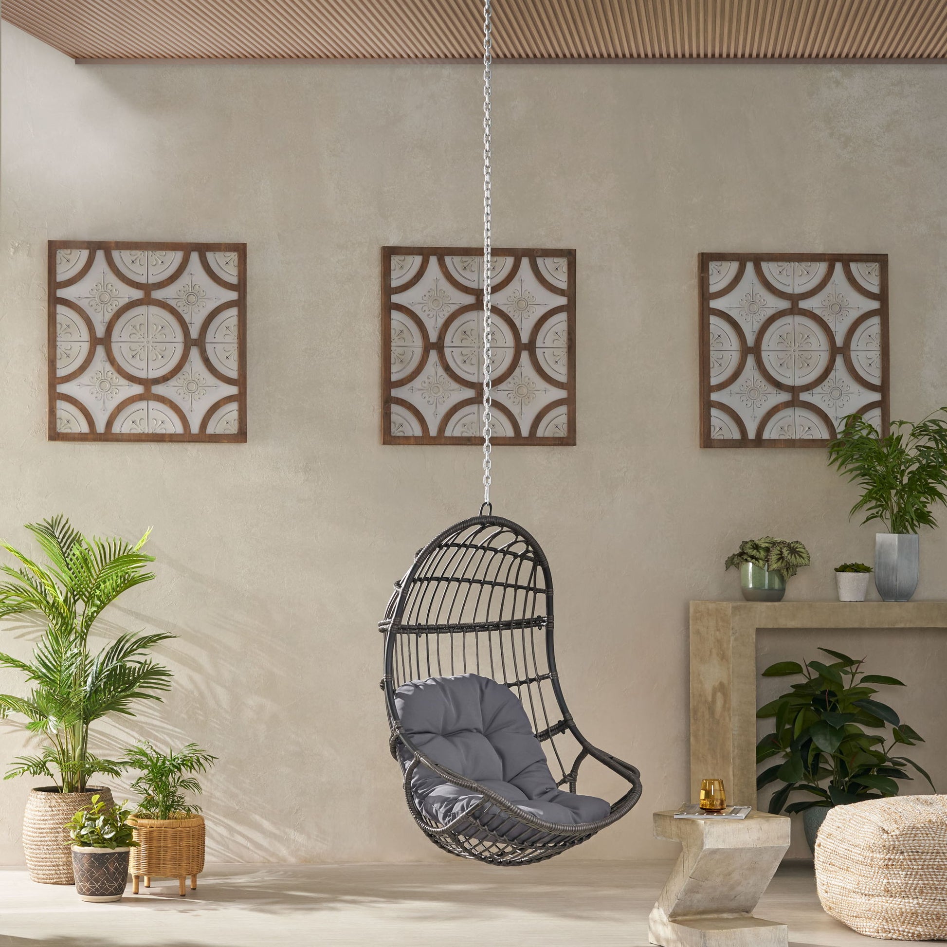 Rustic Hanging Basket Chair With Cushion Noble House