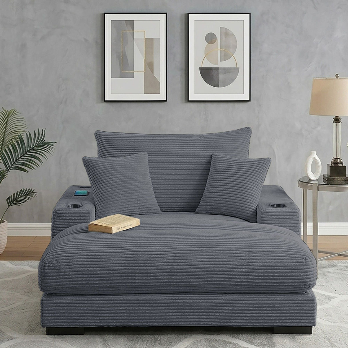 Upholstered Chaise Lounge With Cup Holders USB Port And Pillows Home Essentials