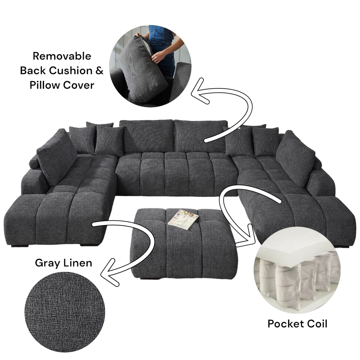 Chosen - Sectional Sofa With Toss Pillows With 2 Chaises With Ottoman - Gray Acme