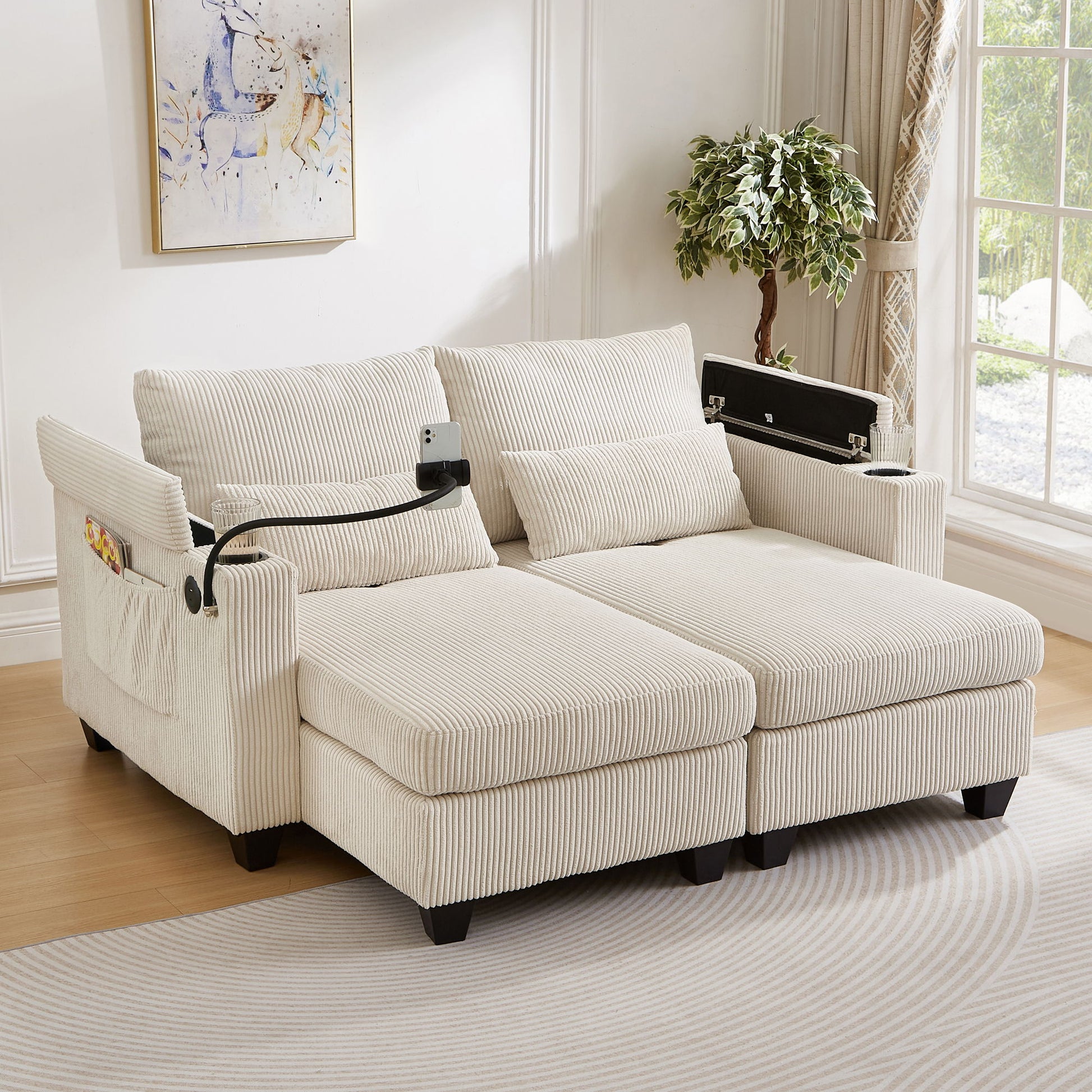 Convertible Chaise Lounge Sofa Chair With USB Ports, Cup Holders, Phone Holder And Storage Hearth and Haven