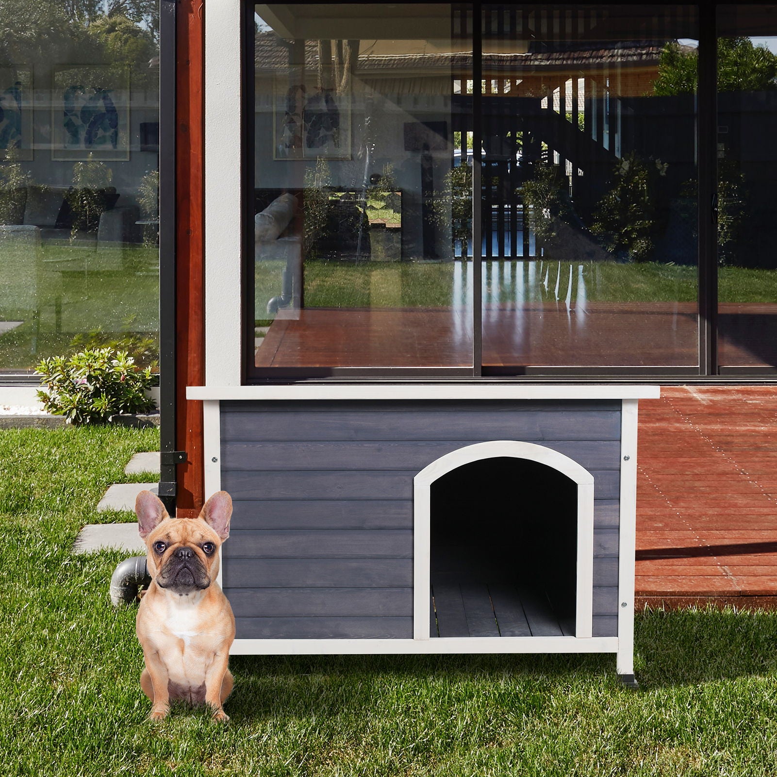 Medium Wooden Outdoor Dog House, Waterproof Roof, Elevated Floor - Gray Daily Nest