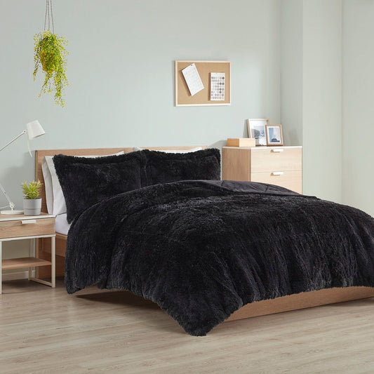 Malea - King Shaggy Long Comforter Mini Set - Black Intelligent Design