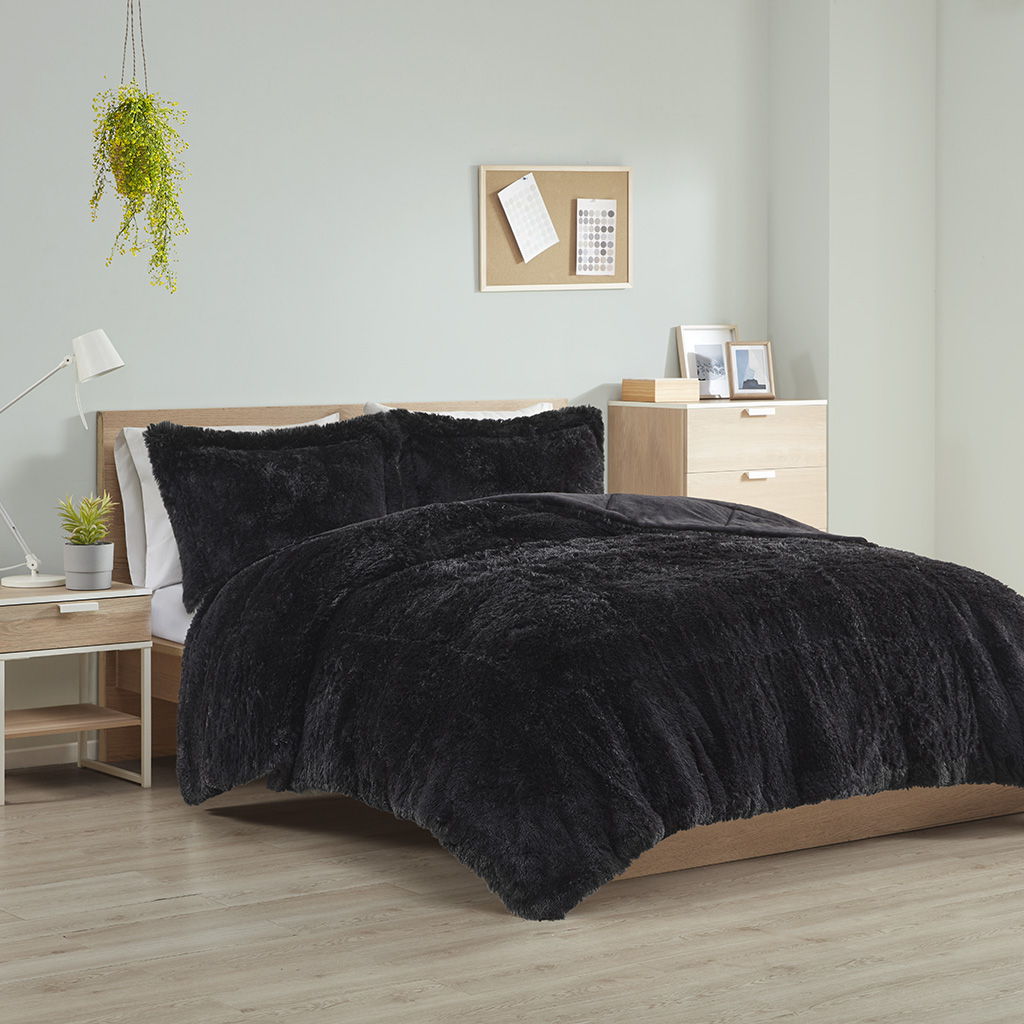 Malea - Twin Shaggy Long Comforter Mini Set - Black Intelligent Design