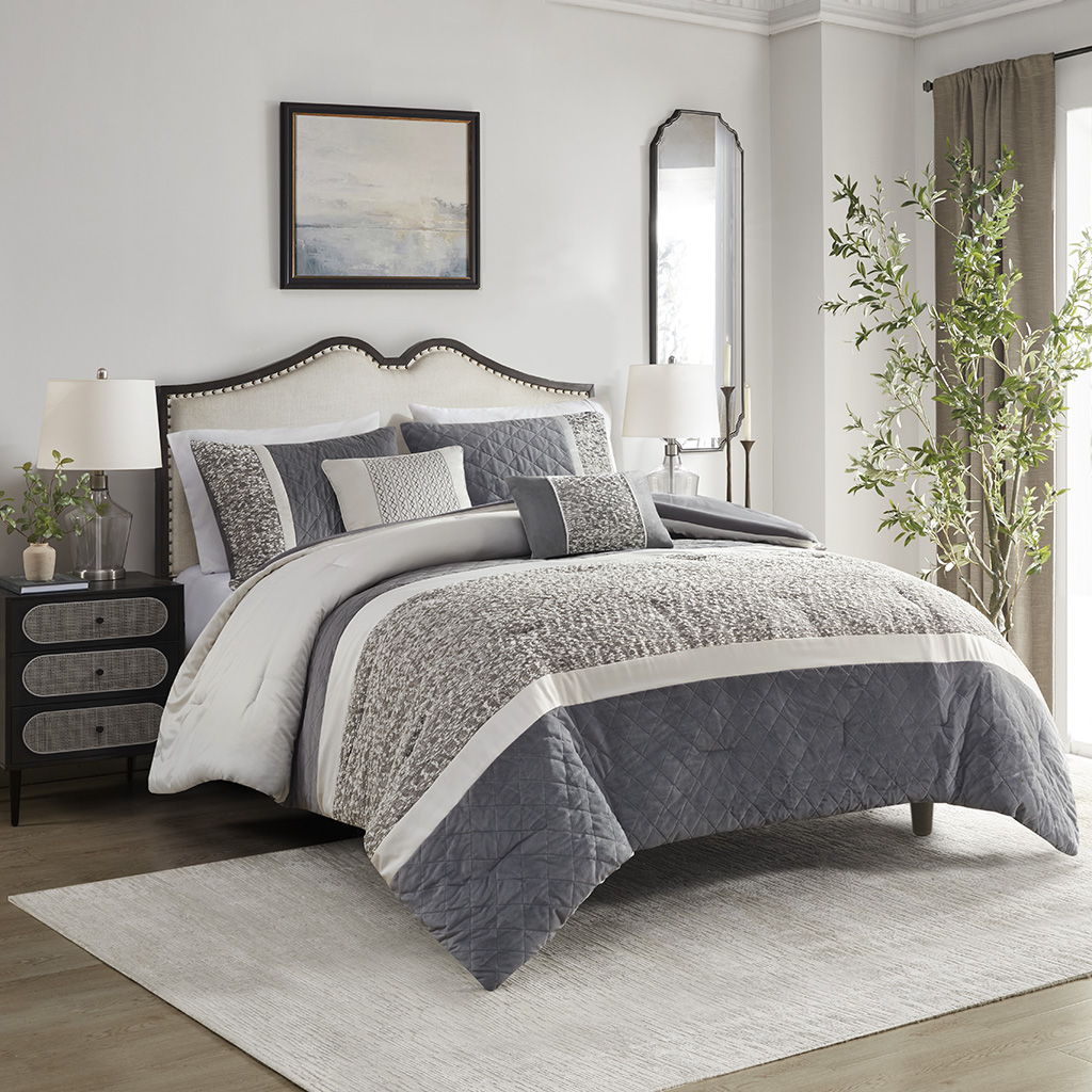 Amelia - 5 Piece Jacquard Stripe Comforter Set With Throw Pillows - Gray