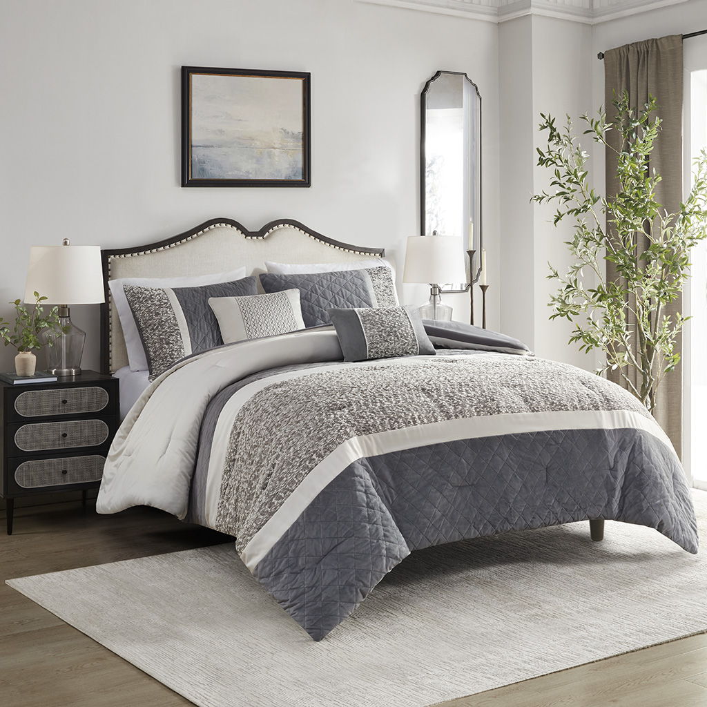 Amelia - 5 Piece Textured Jacquard Stripe Comforter Set With Throw Pillows - Gray Madison Park
