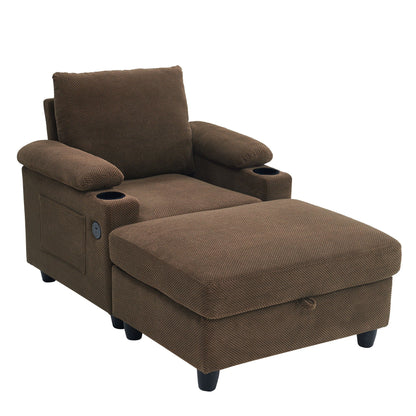 Accent Chair With Storage Ottoman, Reclining Single Chaise Lounge With Cupholders And USB, C Ports Home Essentials