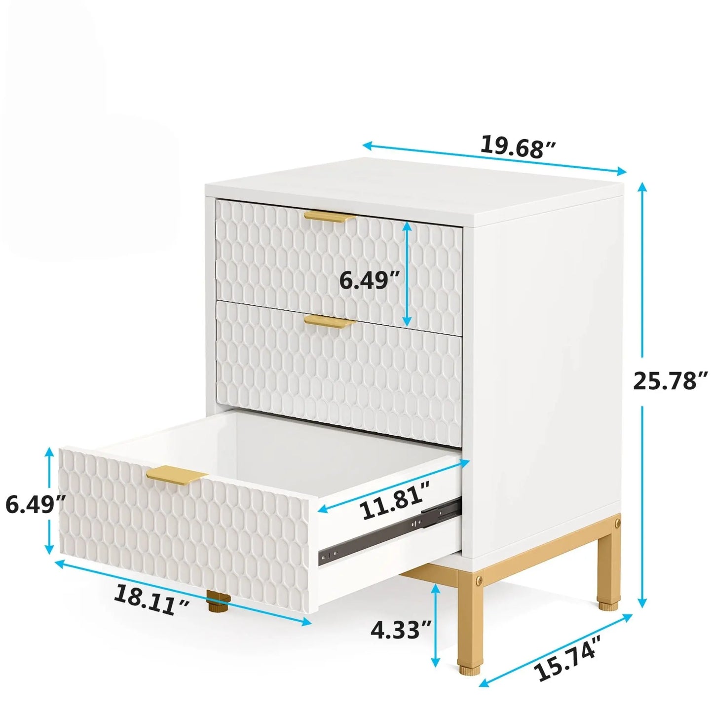 3 Drawer Nightstand With Hexagon Pattern, Storage Table For Living - White Home Essentials