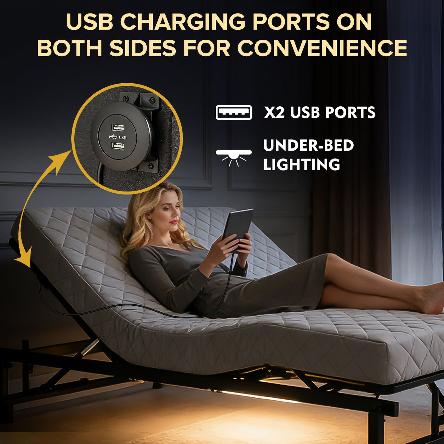 Adjustable Bed Base Frame With Wireless Remote, 4 USB Ports, Under Bed Nightlights, Zero Gravity Daily Nest