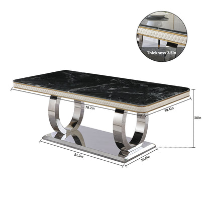 Luxury Modern Dining Table With Faux Marble Top And Dual Circle Base - Black Home Essentials