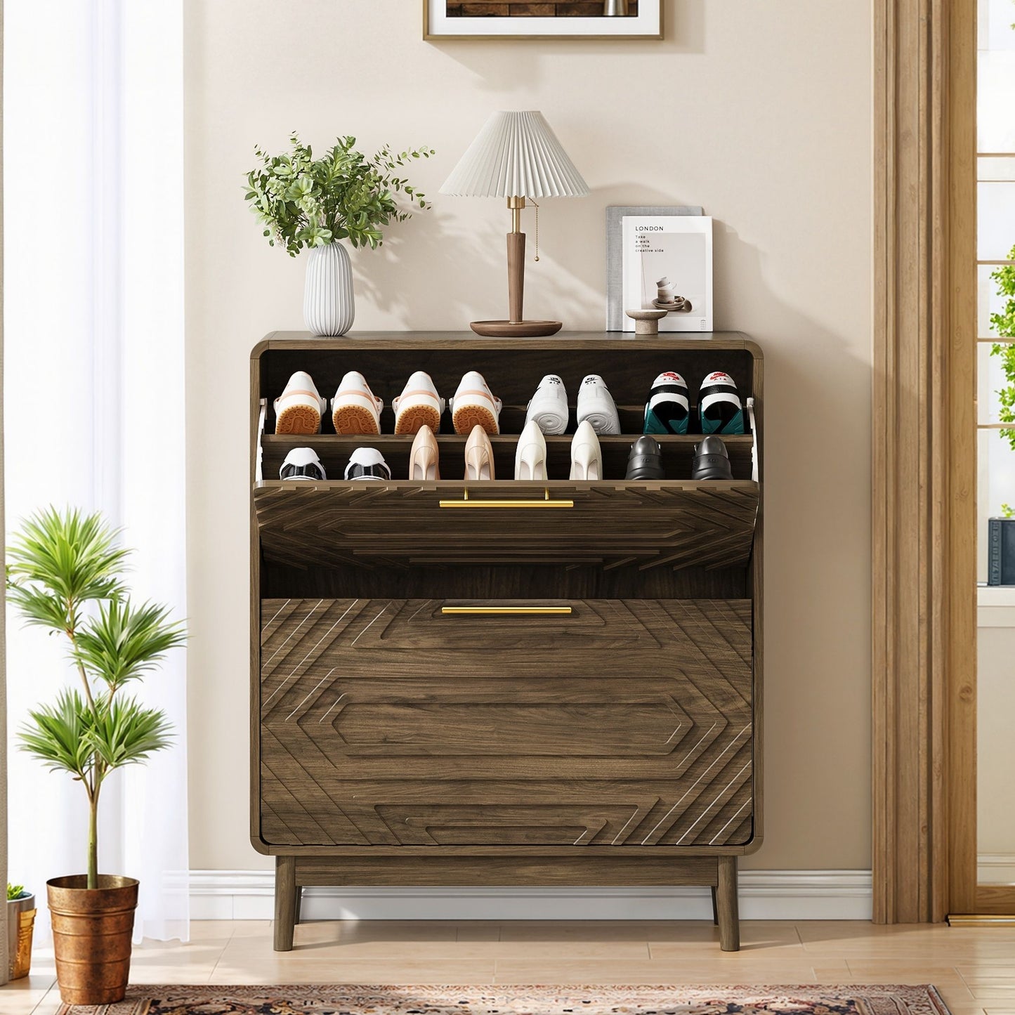 Freestanding Shoe Cabinet With 2 Flip Top Drawers For Entryway - Walnut Home Essentials