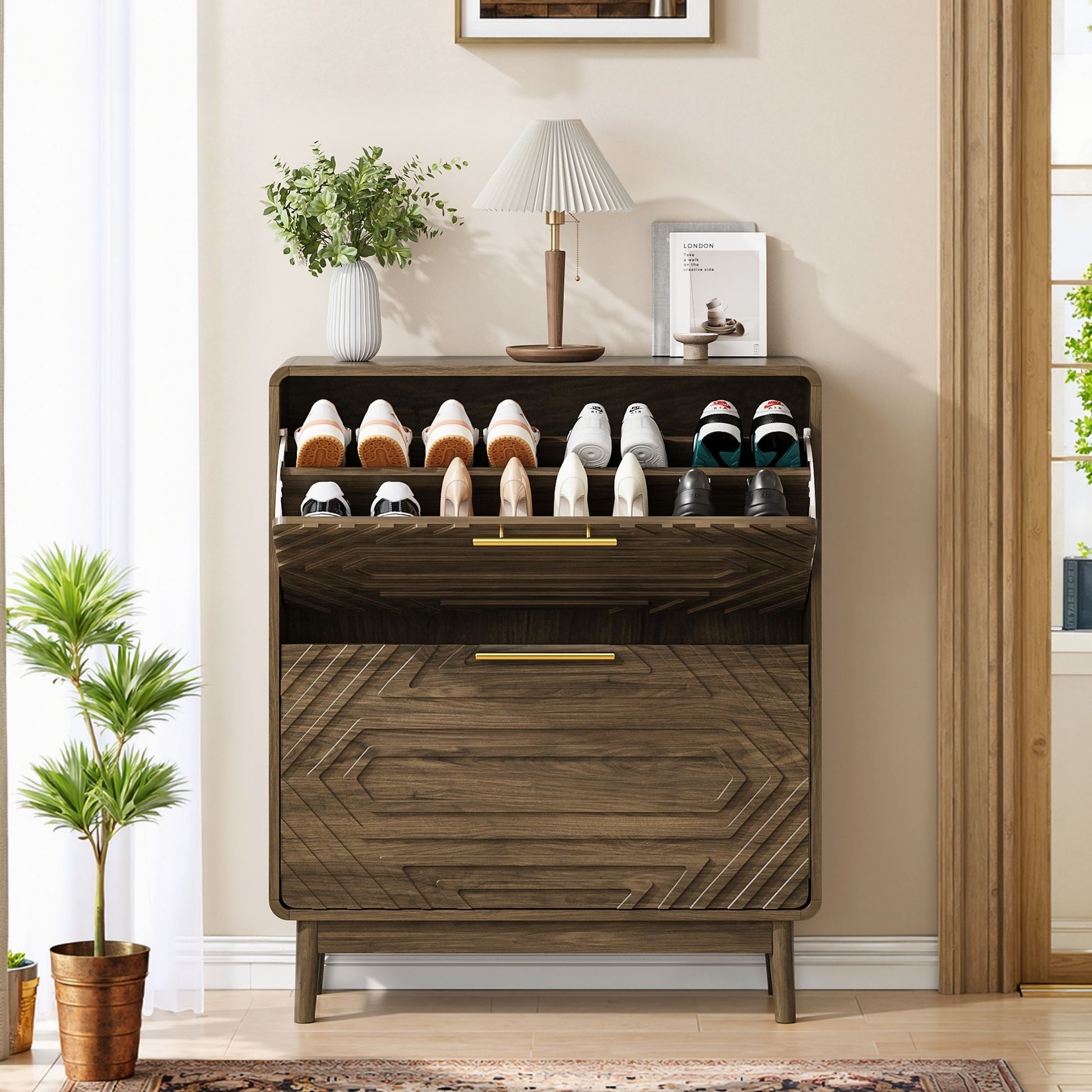 Freestanding Shoe Cabinet With 2 Flip Top Drawers For Entryway - Walnut Home Essentials
