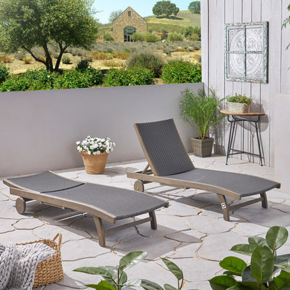 Outdoor Chaise Lounge With Pull Out Tray And Wicker Seat - Gray Noble House