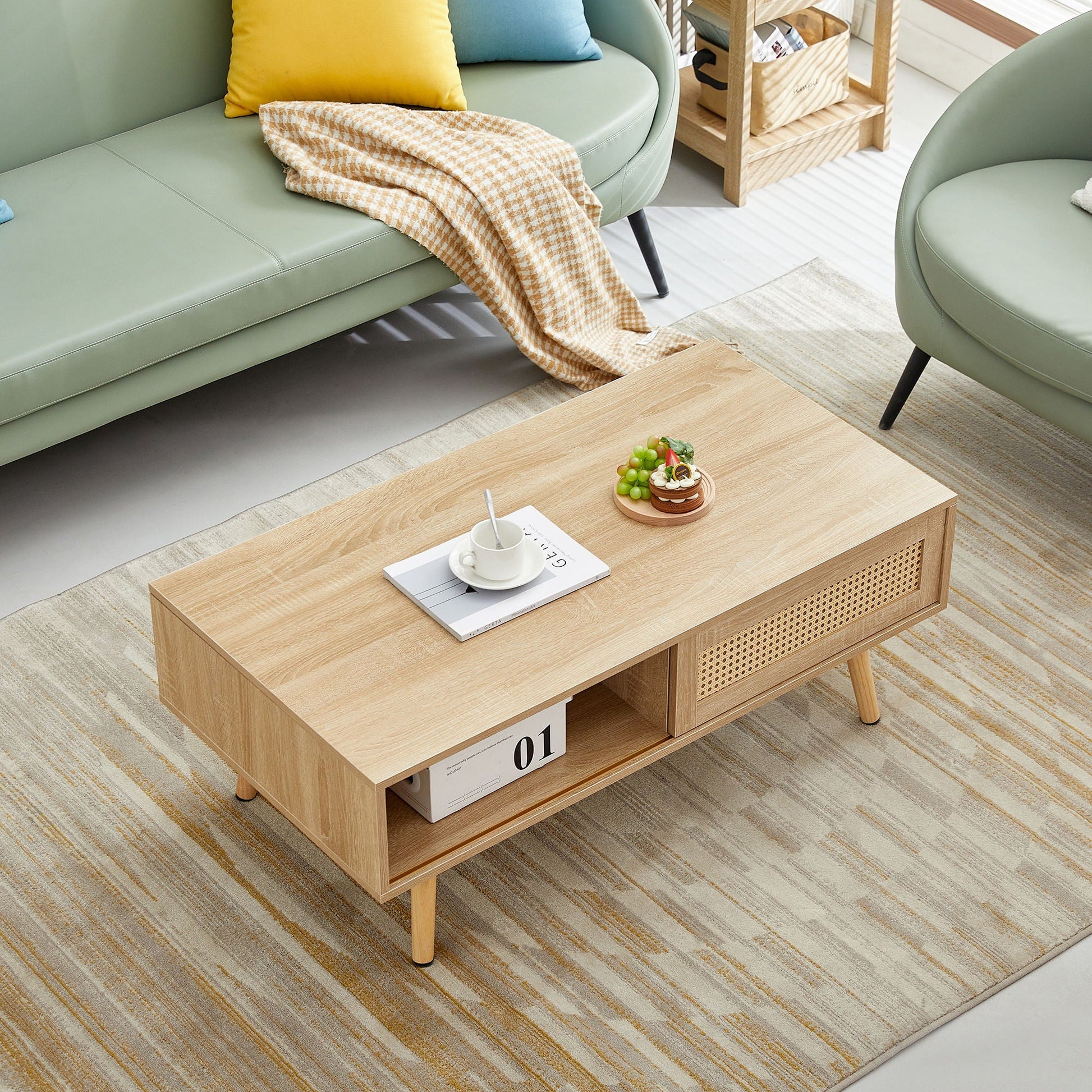41.34" Rattan Coffee Table, Sliding Door For Storage, Solid Wood Legs, Modern Table For Living Room Home Essentials