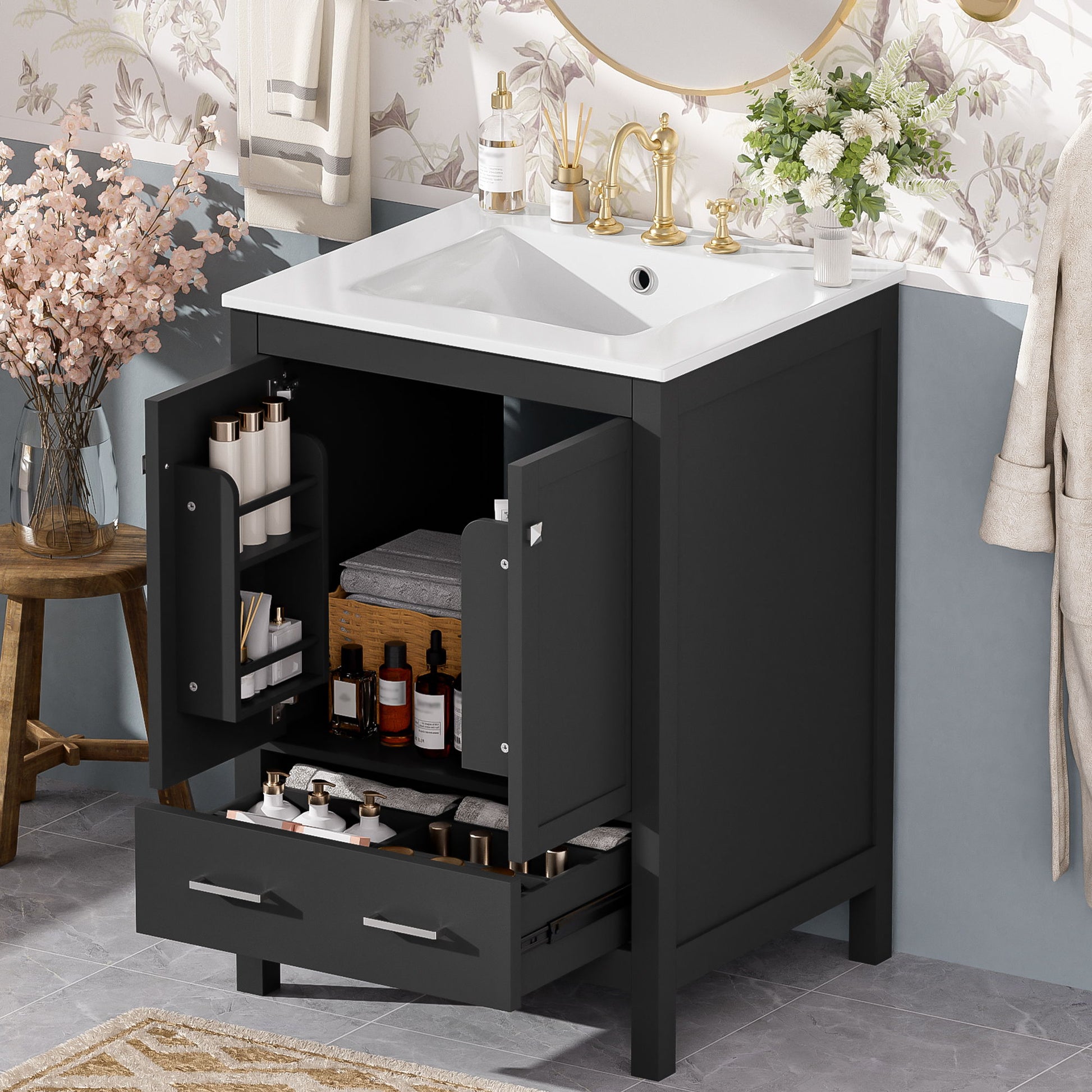 Bathroom Vanity With Integrated Undermount Ceramic Sink, 2 Doors And 1 Drawer, Soft Close Hinges Hearth and Haven
