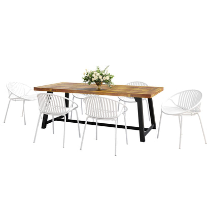 7 Piece Outdoor Modern Dining Set With Stackable Chairs Noble House