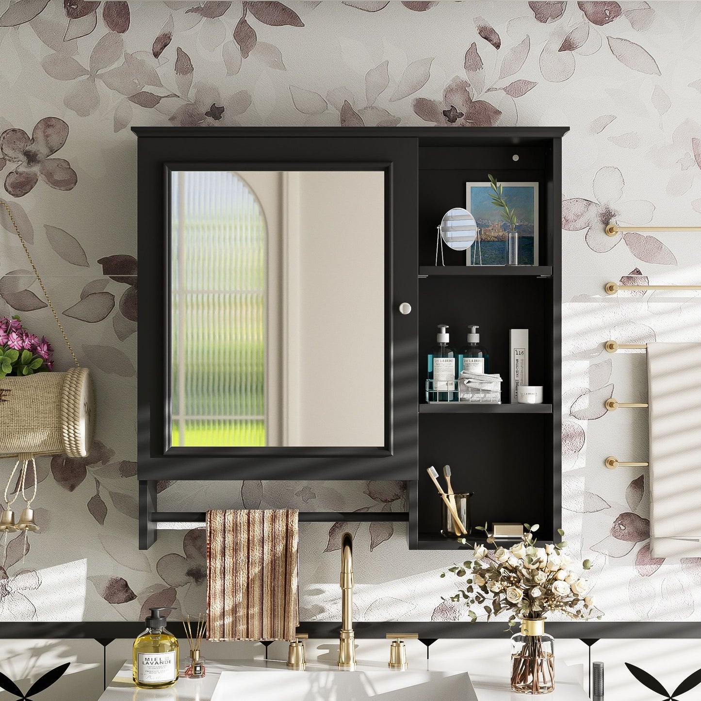 Wall Mounted Bathroom Storage Cabinet, Medicine Cabinets With Large Mirror Door, Adjustable Shelves And Three Open Storage Levels(Not Include Bathroom Vanity) Hearth and Haven