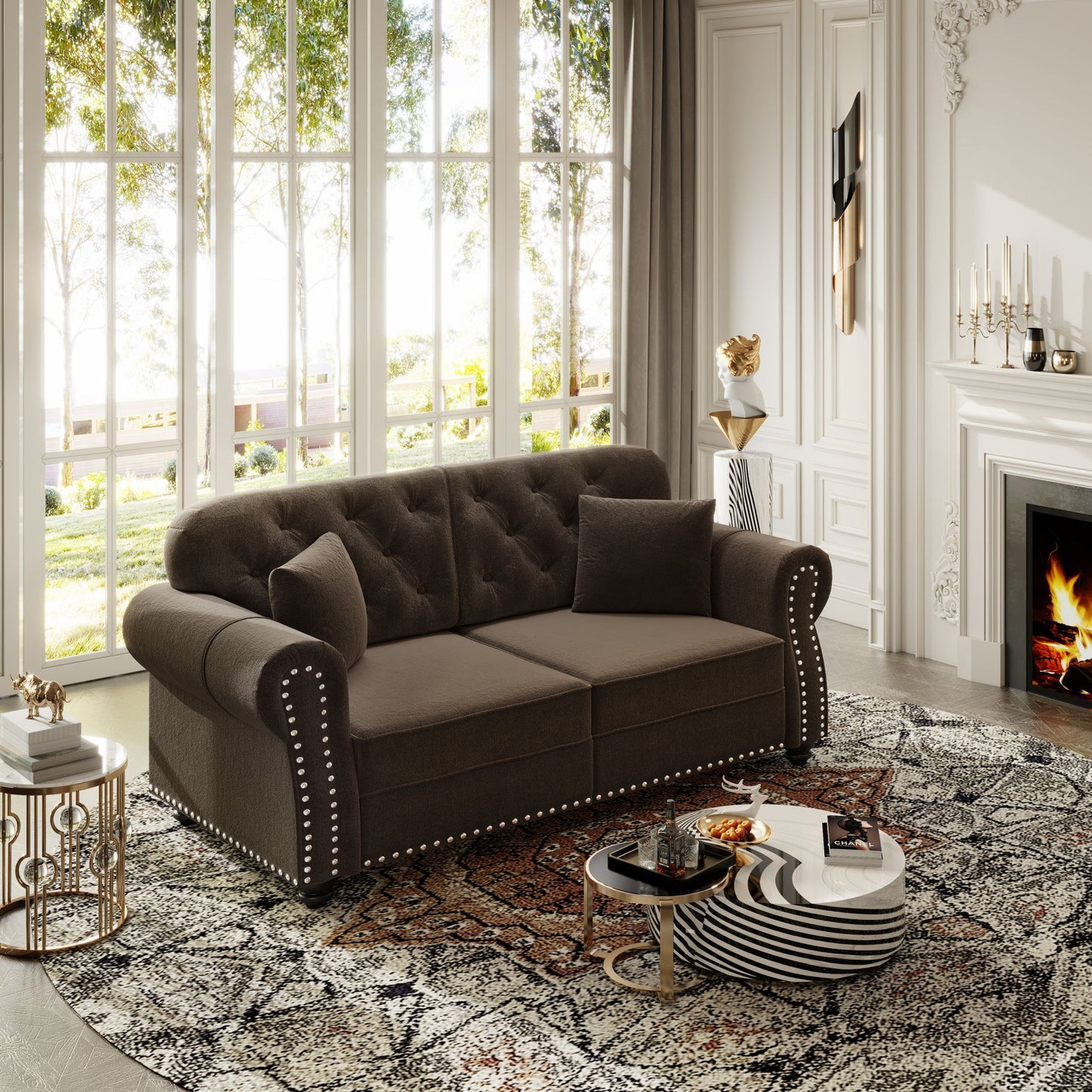Upholstered Chesterfield Sofa With Nailhead Trim And Rolled Armrests Home Essentials