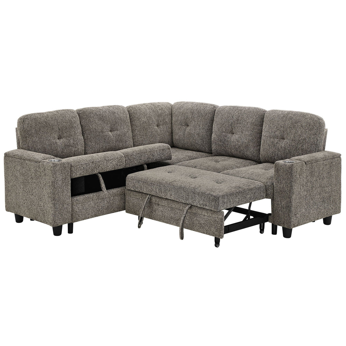 5 Seat Reversible L - Shaped Sleeper Sofa, Pull Out Convertible Sectional Couch With Storage, USB C - Charger, Cup Holders Modular Sofa Bed - Gray Home Essentials