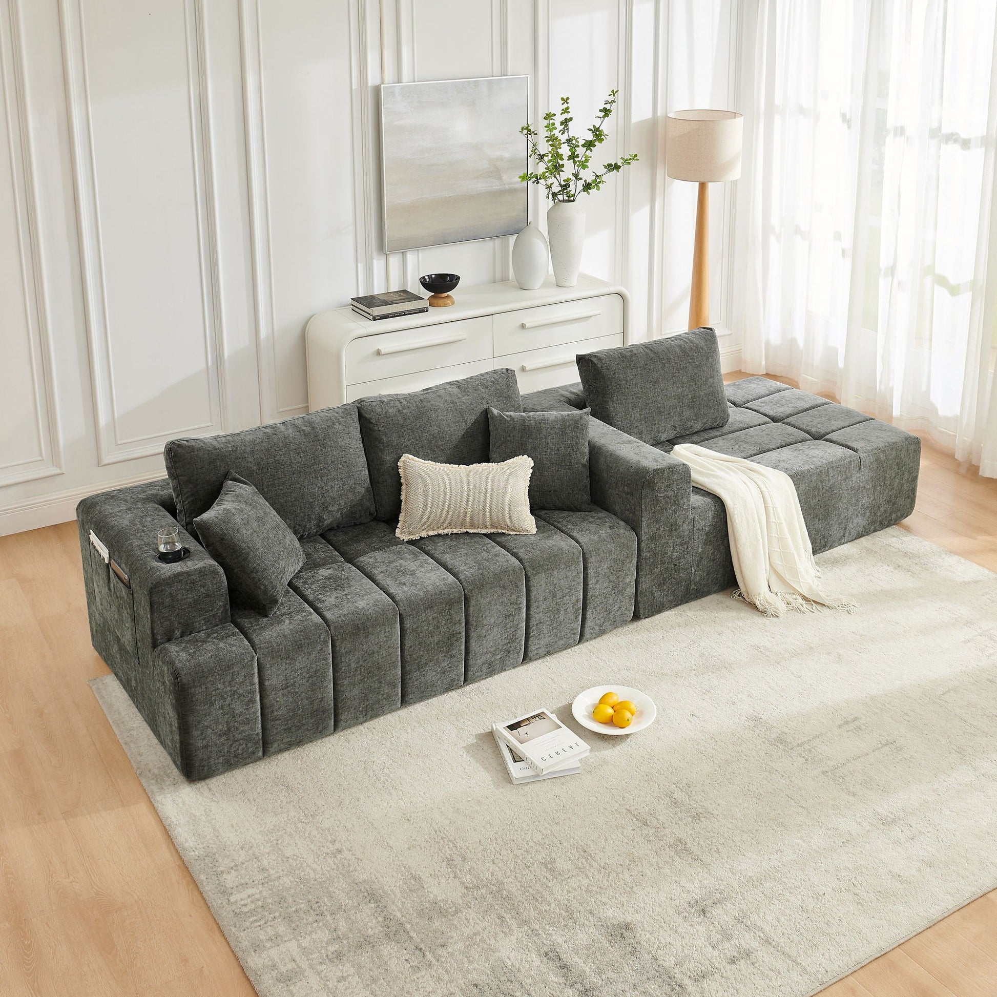 L - Shaped Sectional Sofa With Cup Holders & Side Pockets Home Essentials