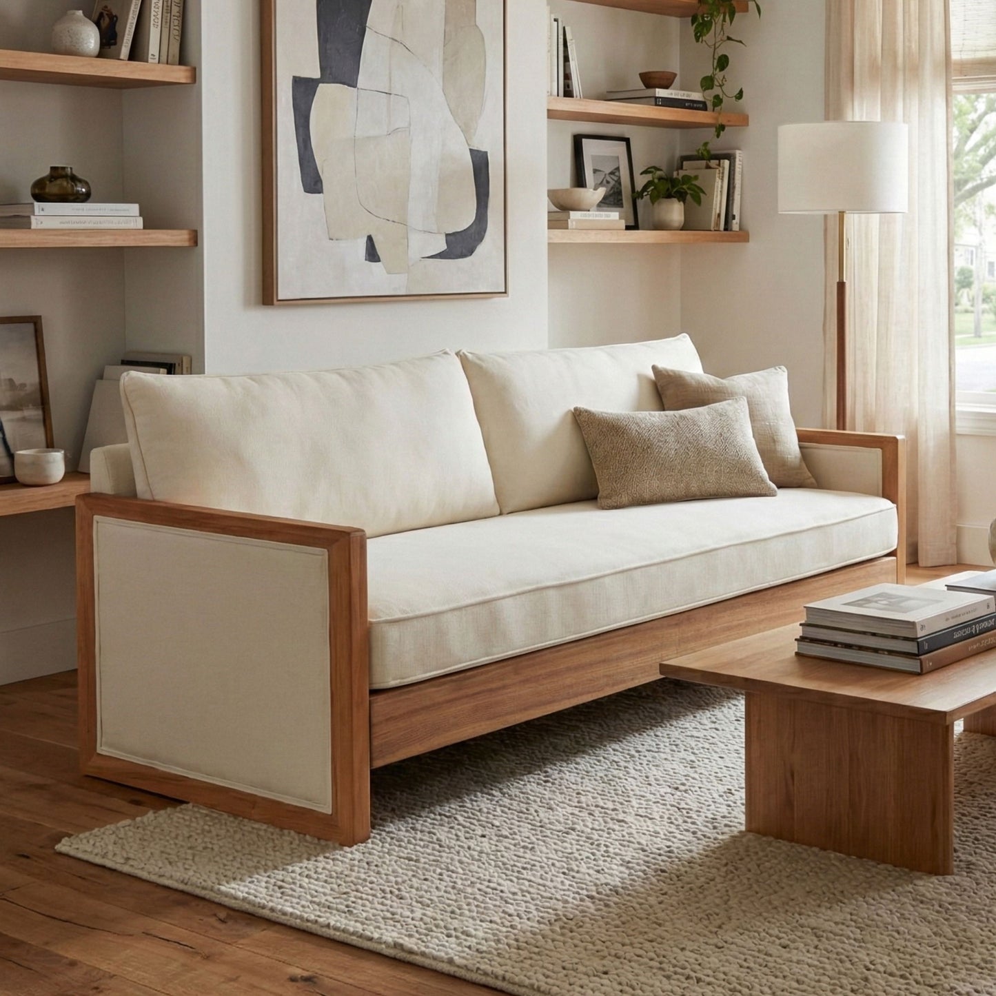 Modern 3 Seater Sofa With Wood Armrests Noble House