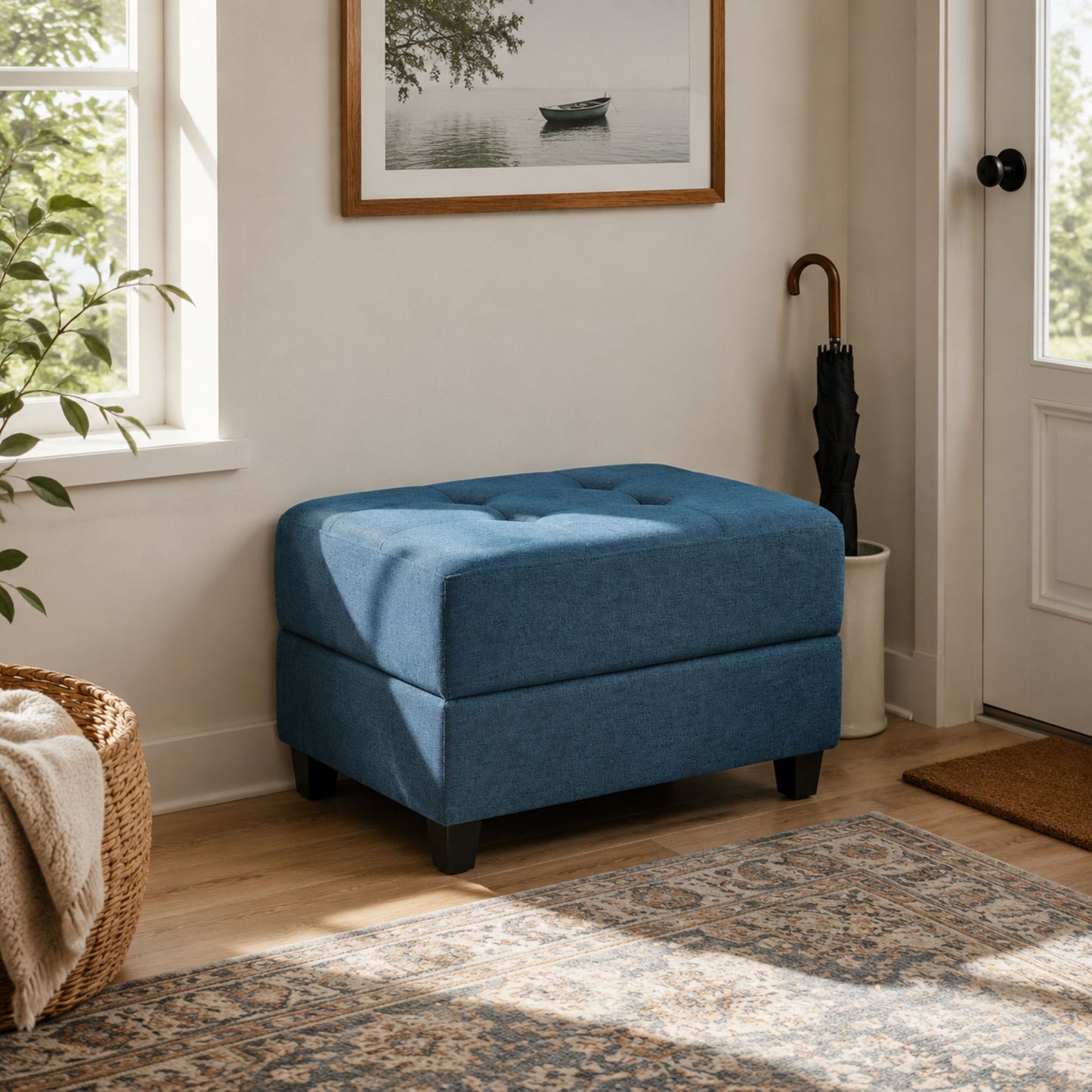 Ottoman, Compact Footrest For Living Room - Navy Blue Noble House