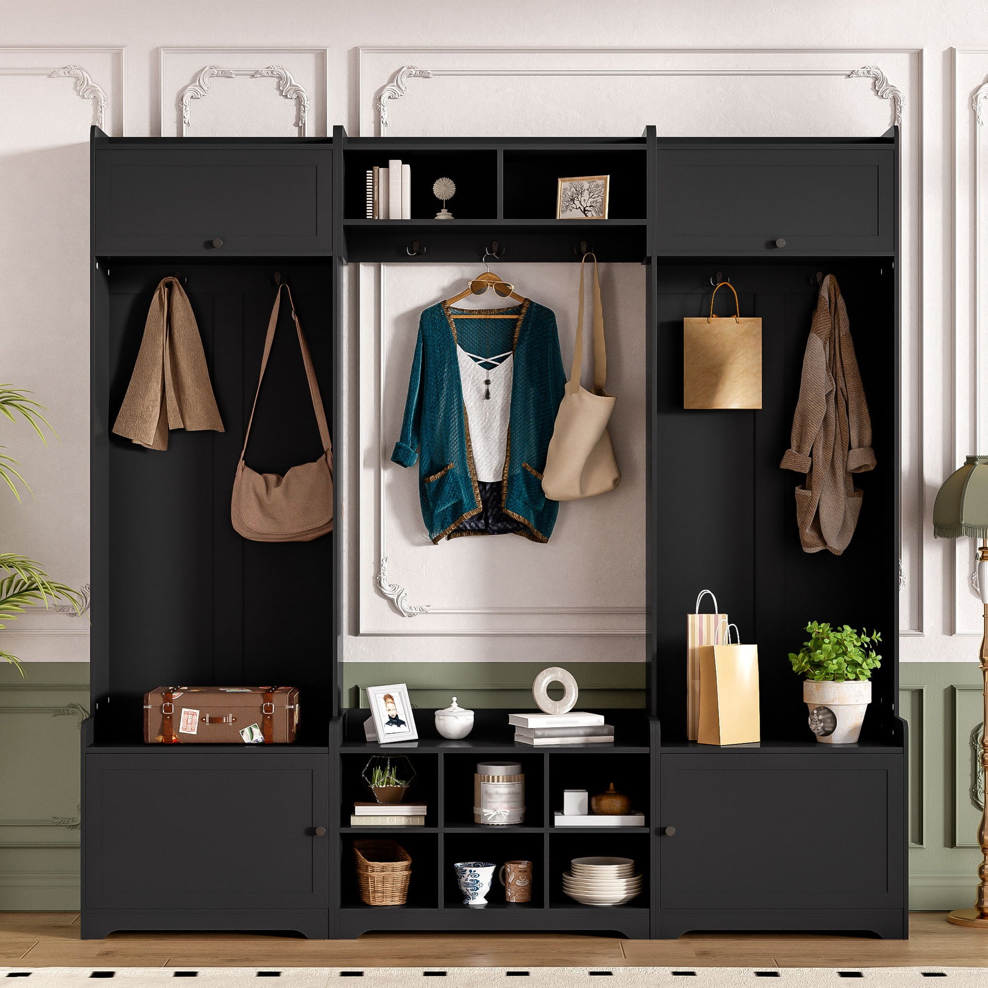 Wide Hall Tree With Shoe Storage, 4 In 1 Entryway Bench With 8 Cubbies, 7 Coat Hooks & Adjustable Shelf For Hallway - Black Hearth and Haven