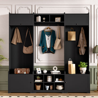 Wide Hall Tree With Shoe Storage, 4 In 1 Entryway Bench With 8 Cubbies, 7 Coat Hooks & Adjustable Shelf For Hallway - Black Hearth and Haven
