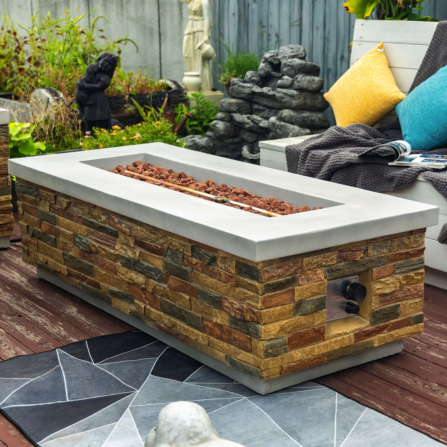 60" Propane Gas Fire Pit Table, 60000 Btu Rectangular Concrete Fire Pit For Outside Patio Deck Garden Backyard - Sandstone Home Essentials
