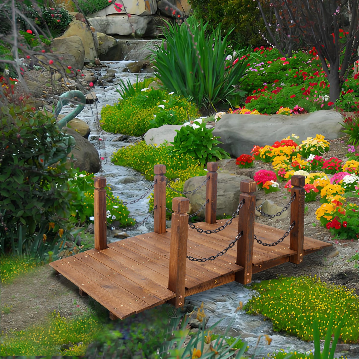 Wooden Arc Footbridge With Chain Railings For Backyard Creek Stained 5 Ft - Brown Daily Nest